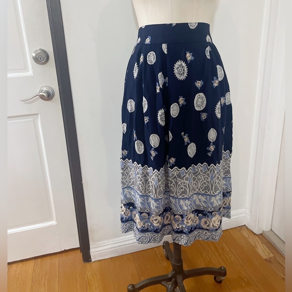Vintage Viscose Blue and Tan Printed Tea Length Folk Skirt - Picture 2 of 7